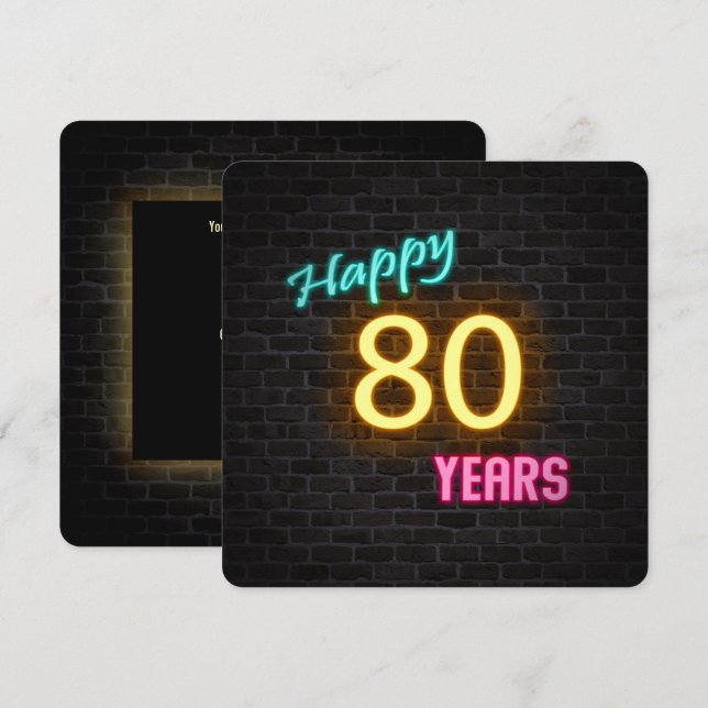 Neon 80th Birthday Sign glowing on brick Invitation (Front/Back)
