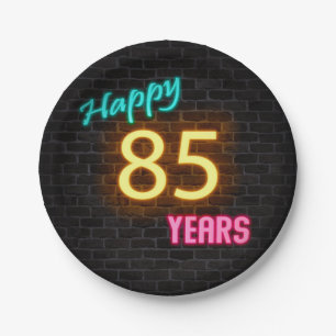 Neon 85 sign on brick wall paper plate