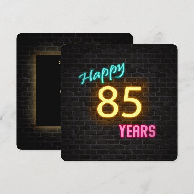Neon 85th Birthday Sign glowing on brick Invitation (Front/Back)
