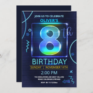 Neon 8th Birthday Invitation 