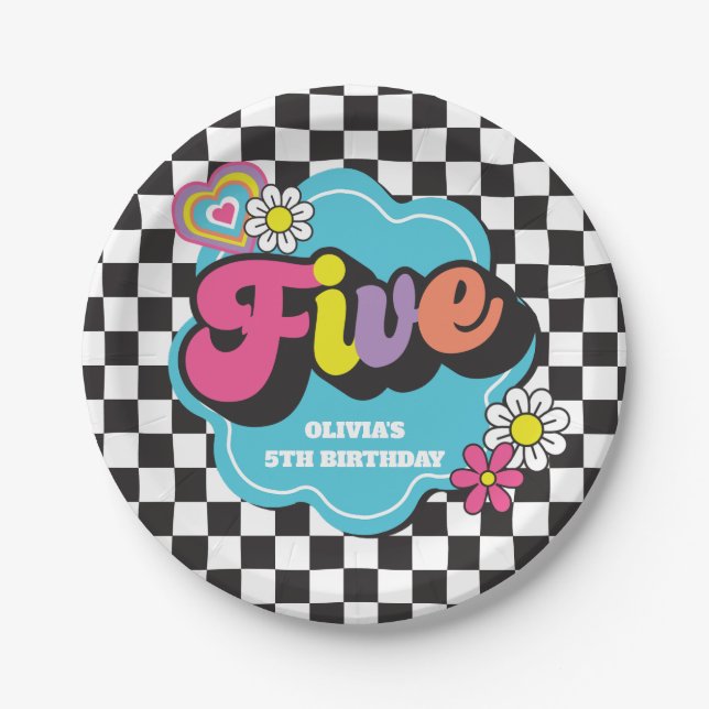 Neon 90s Retro 5th Birthday Paper Plate (Front)