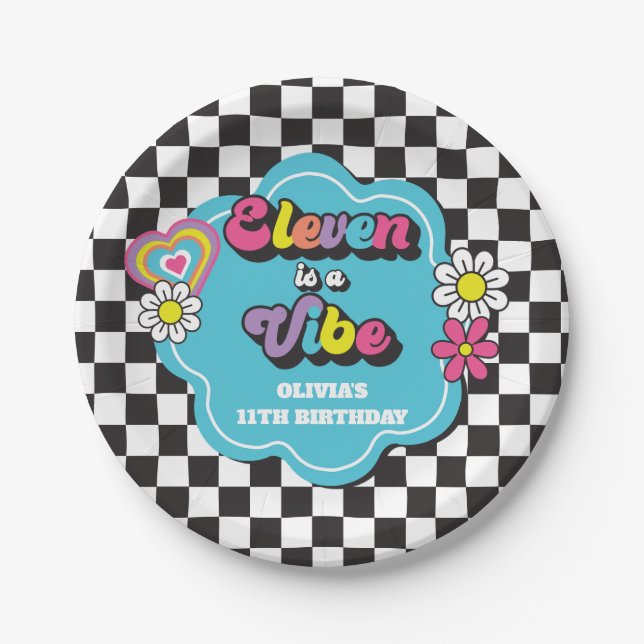 Neon 90s Retro Eleven is a Vibe 11th Birthday Paper Plate (Front)