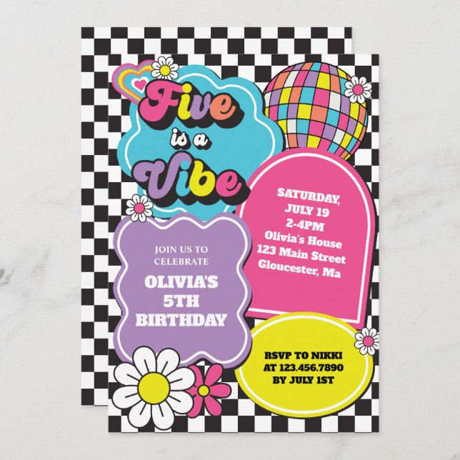Neon 90s Retro Five is a Vibe 5th Birthday Invitation (Front/Back)