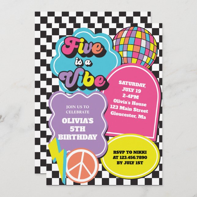 Neon 90s Retro Five is a Vibe 5th Birthday Invitation (Front/Back)