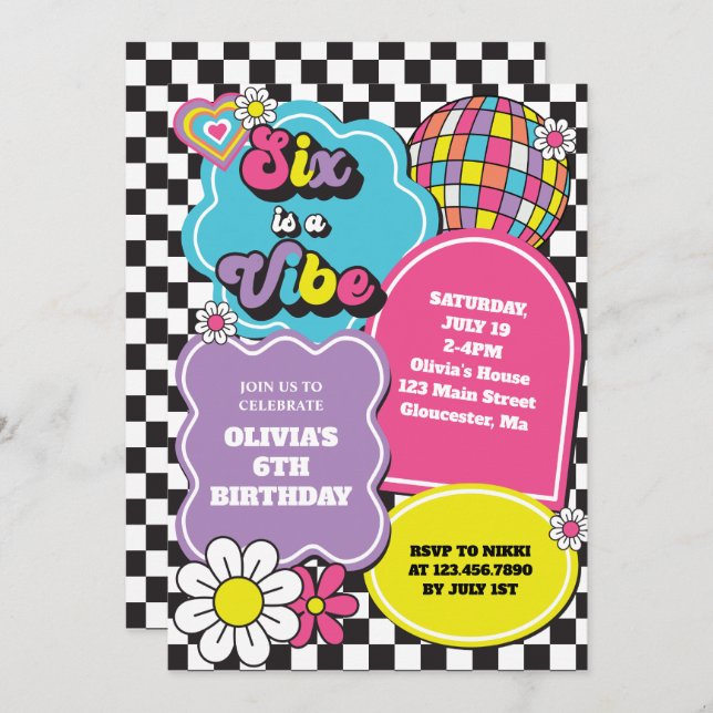 Neon 90s Retro Six is a Vibe 6th Birthday Invitation (Front/Back)