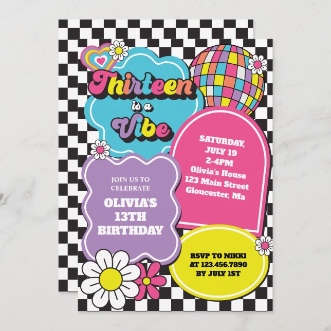 Neon 90s Retro Thirteen is a Vibe 13th Birthday Invitation (Front/Back)