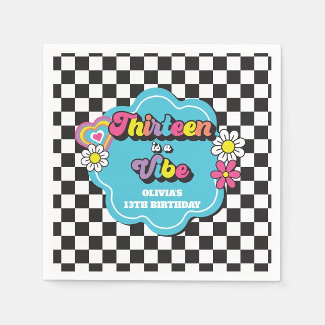 Neon 90s Retro Thirteen is a Vibe 13th Birthday Napkin (Front)