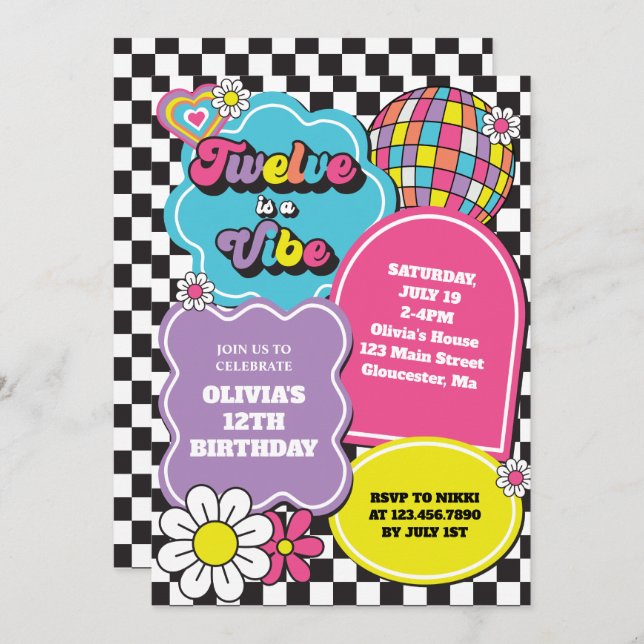 Neon 90s Retro Twelve is a Vibe 12th Birthday Invitation (Front/Back)