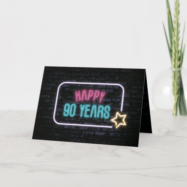 Neon 90th Birthday Marquee On Brick Card (Front)