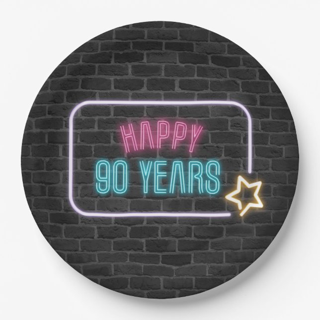Neon 90th Birthday Marquee On Brick Paper Plate (Front)