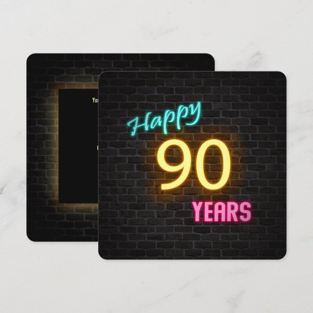 Neon 90th Birthday Sign glowing on brick Invitation (Front/Back)