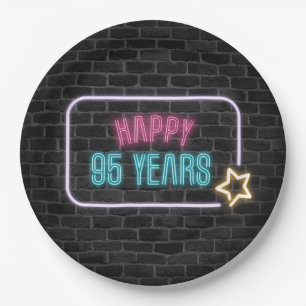 Neon 95th Birthday Marquee On Brick Wall Paper Plate
