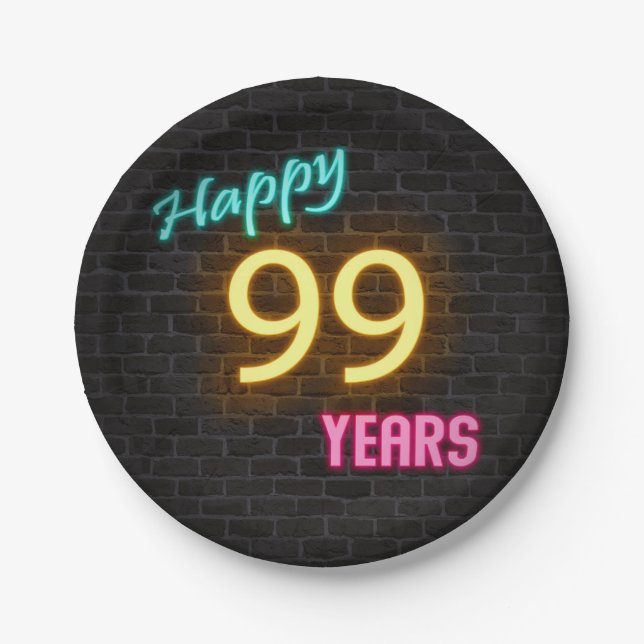 Neon 99 sign on brick wall paper plate (Front)
