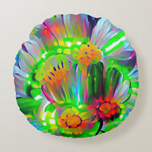 Neon Abstract Daisies with Vivid Colours Round Cushion