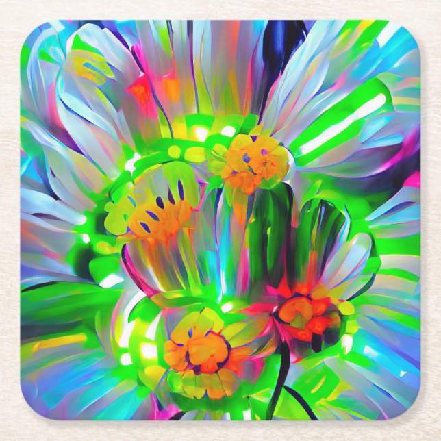 Neon Abstract Daisies with Vivid Colours Square Paper Coaster (Front)