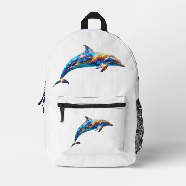 Neon Abstract Dolphin Art – Colorful Energy Wave  Printed Backpack (Front)