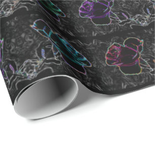 Neon, Abstract Roses on Black 30" x 6' Roll of Wrapping Paper