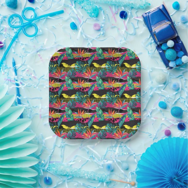Neon Abstract Tropical Texture Pattern Paper Plate (Party)