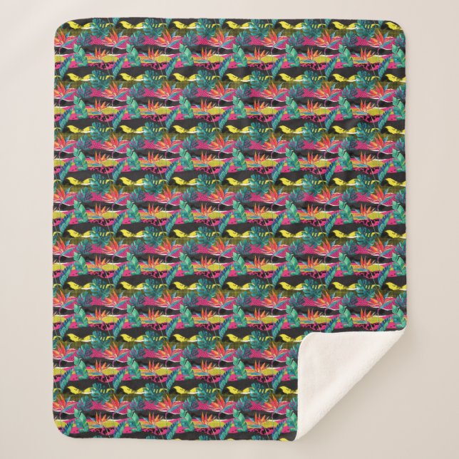 Neon Abstract Tropical Texture Pattern Sherpa Blanket (Front)