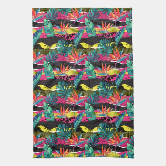 Neon Abstract Tropical Texture Pattern Tea Towel (Vertical)