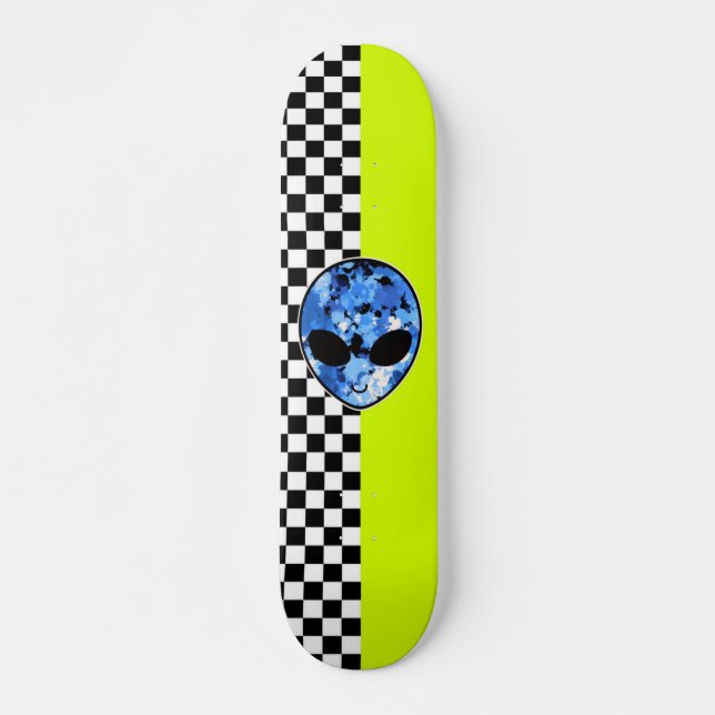 Neon Alien Checkered Skateboard (Front)