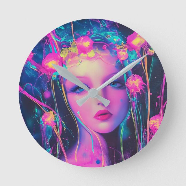 Neon Alien Goddess  Round Clock (Front)