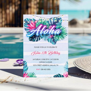 Neon Aloha Tropical Birthday Invitation