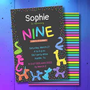 neon animal balloons 9th birthday invitation