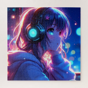 Neon Anime Girl with Headphones in a Cosmic Jigsaw Puzzle