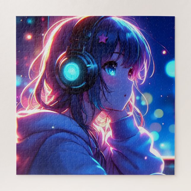 Neon Anime Girl with Headphones in a Cosmic Jigsaw Puzzle (Vertical)