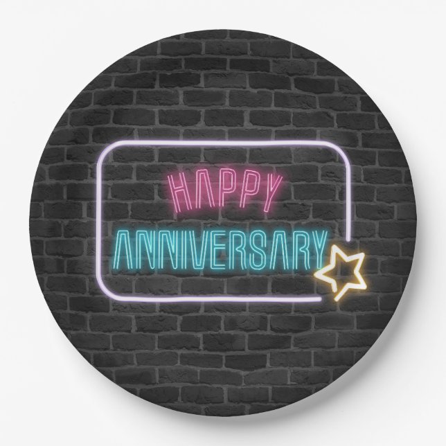 Neon Anniversary Sign On Brick Wall Paper Plate (Front)
