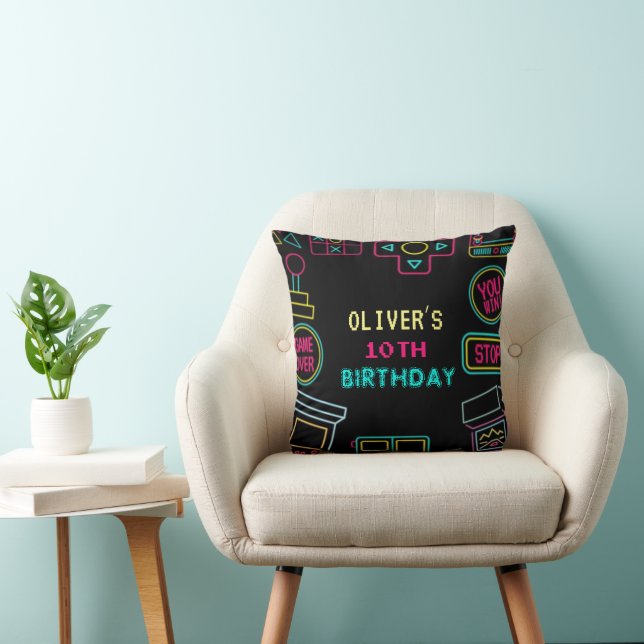 Neon Any year video games arcade birthday  Cushion (Chair)