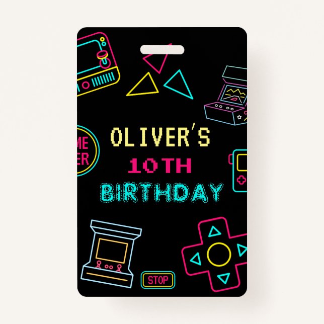 Neon Any year video games arcade birthday  ID Badge (Front)