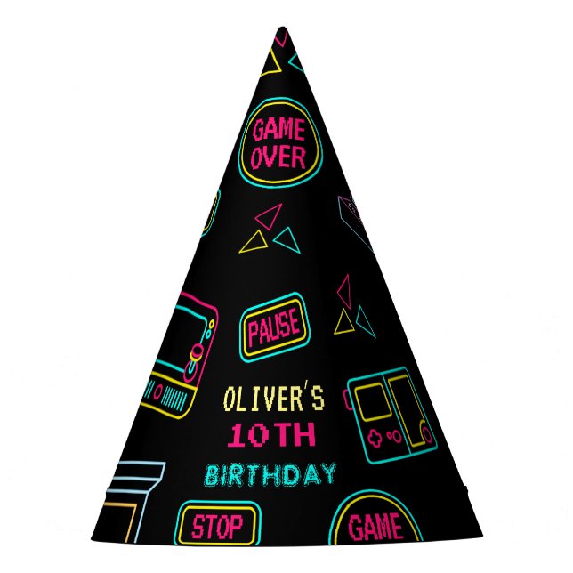 Neon Any year video games arcade birthday  Party Hat (Front)