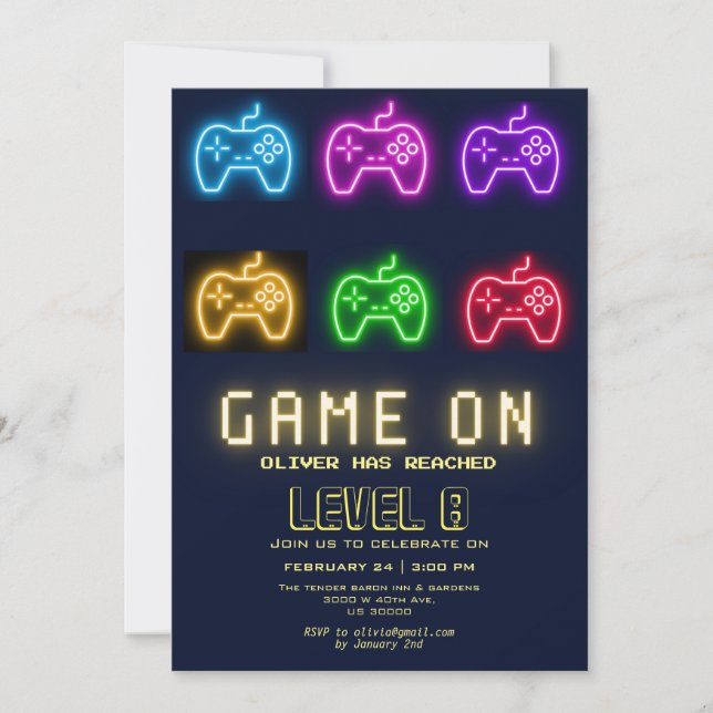Neon Any year video games birthday  Invitation (Front)