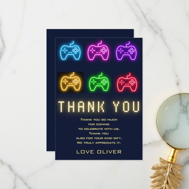 Neon Any year video games birthday  Thank You Card (Front/Back In Situ)
