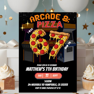 Neon Arcade and Pizza 67 Birthday party invitation