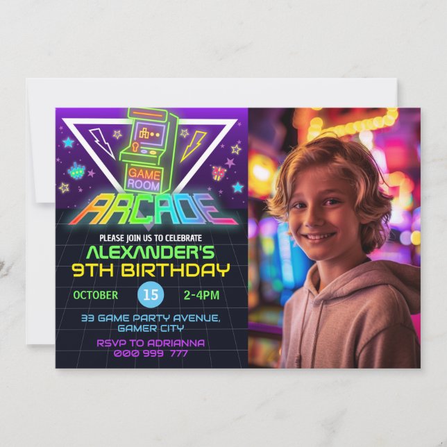 Neon Arcade Photo Birthday Gaming Party Invitation (Front)