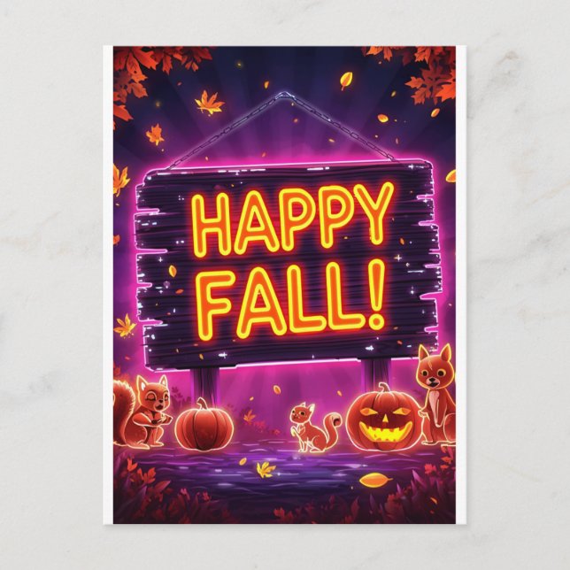Neon Autumn Greeting Card 5x7 – Happy Fall Leaves (Front)