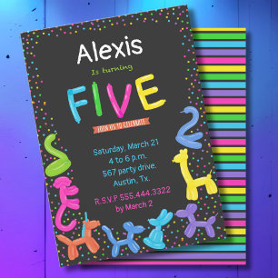 Neon balloon animals 5th birthday invitation