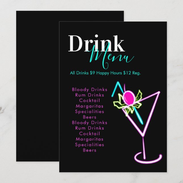 Neon Bar Club Restaurant Drink Menu (Front/Back)