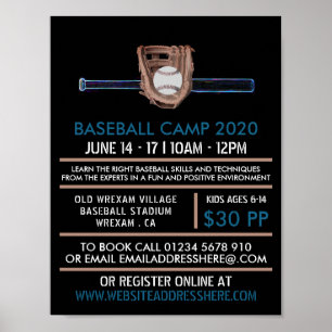 Neon Baseball Bat & Gear, Baseball Camp Advert Poster