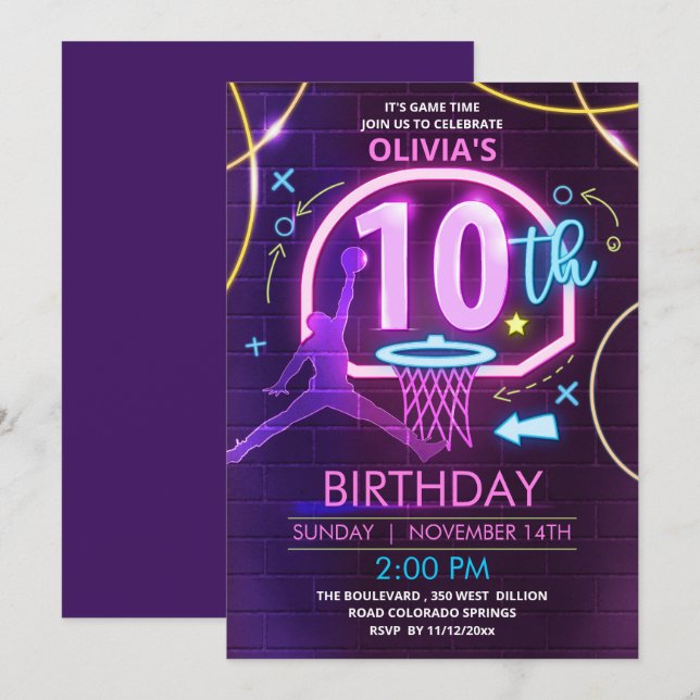 Neon Basketball Birthday Invitation (Front/Back)