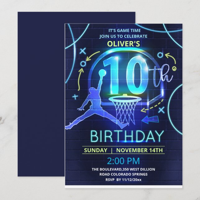 Neon Basketball Birthday Invitation  (Front/Back)