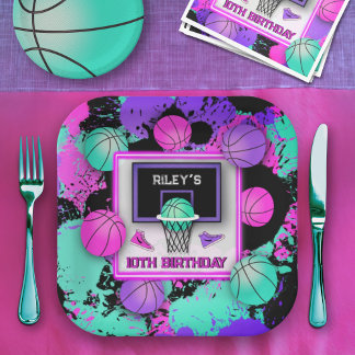 Neon Basketball Sneakers & Paint Splatter Birthday Paper Plate