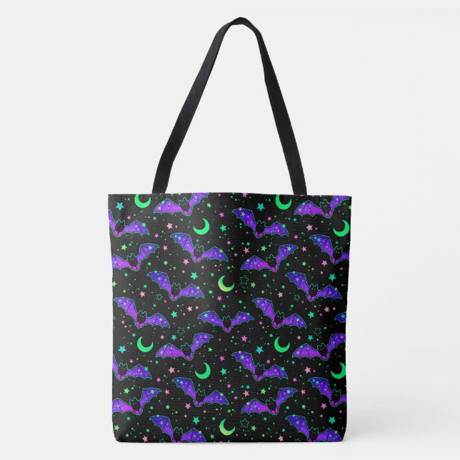 Neon Bats, Stars and Moons Halloween Tote Bag (Front)