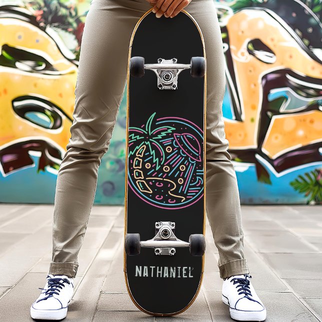 Neon Beach Alien Invasion Funny Personalised Name Skateboard (Creator Uploaded)