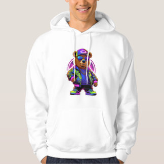 Neon Bear Glow: Vibrant Retro Streetwear Hoodie
