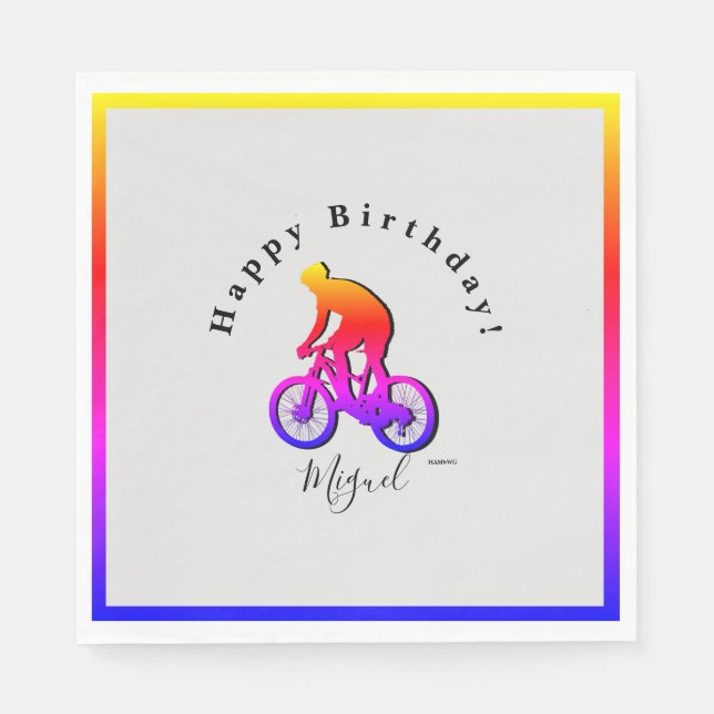 Neon Bicycle Rider Happy Birthday Napkin (Front)