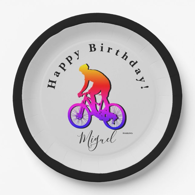 Neon Bicycle Rider Happy Birthday Paper Plate (Front)